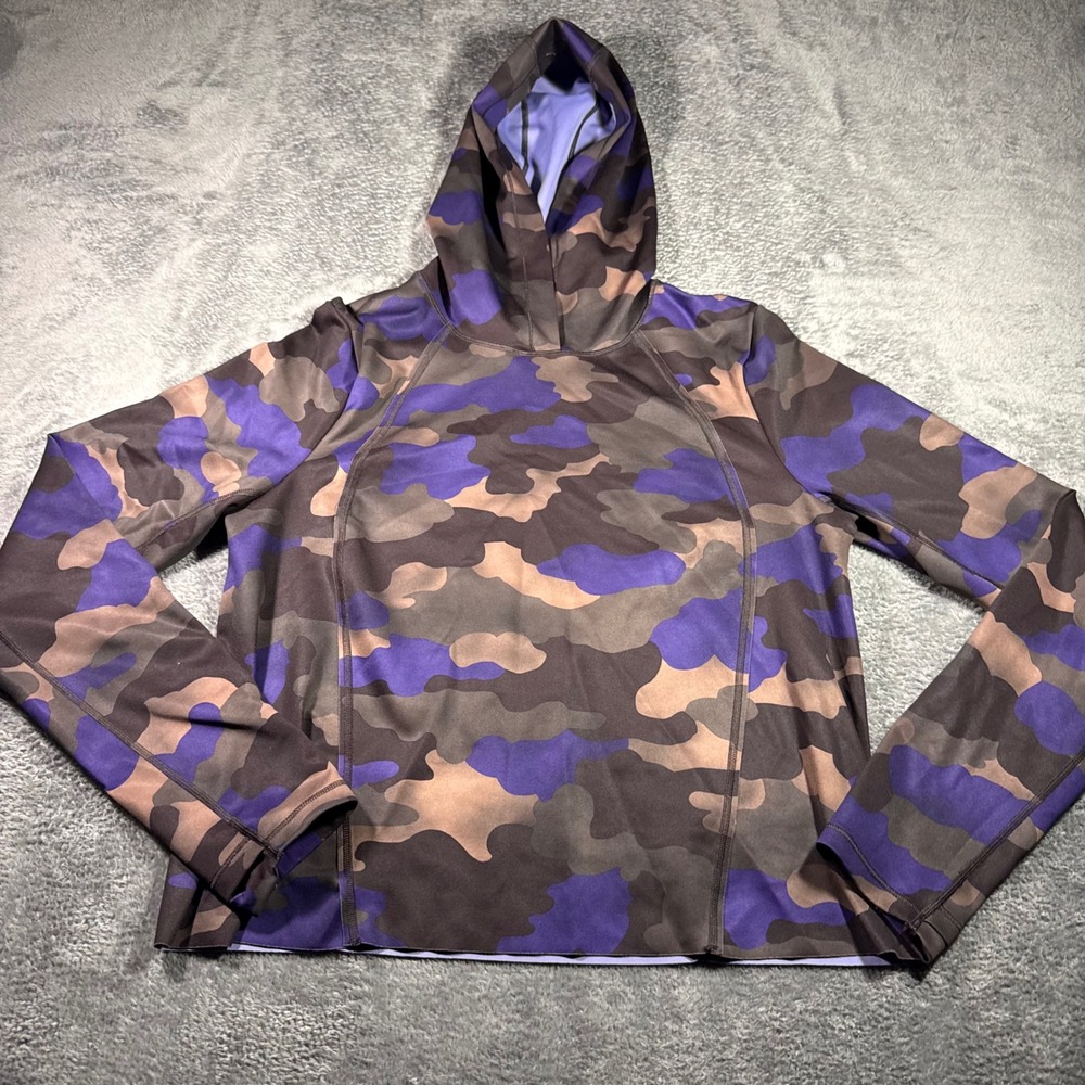 Athleta Womens Pinnacle Hoodie Purple Gray Camo Size M Activewear Sweatshirt